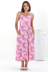 Amara Midi Dress - Adjustable Strap Sun Dress with Pockets in Hoku Print Pink