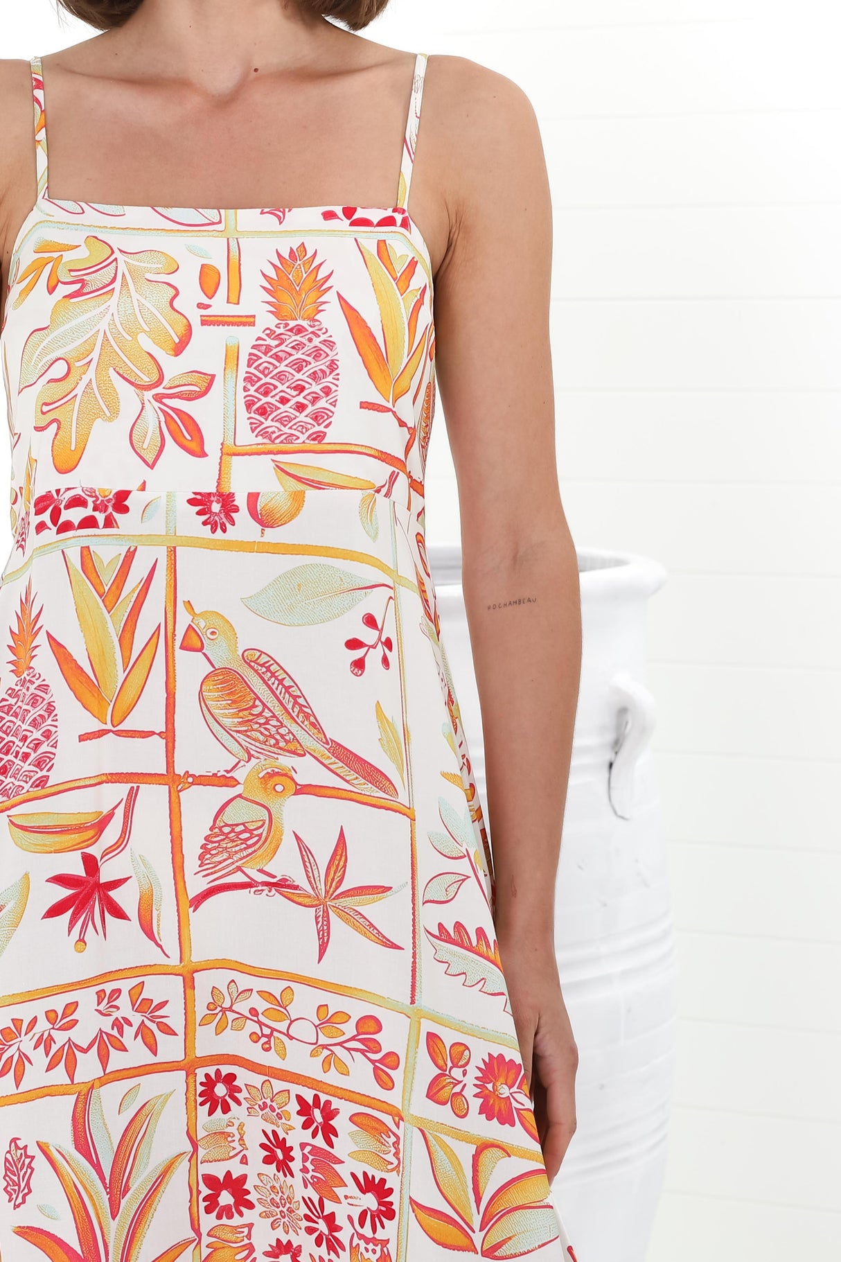 Amara Midi Dress - Adjustable Strap Sun Dress with Pockets in Sonni Print Melon