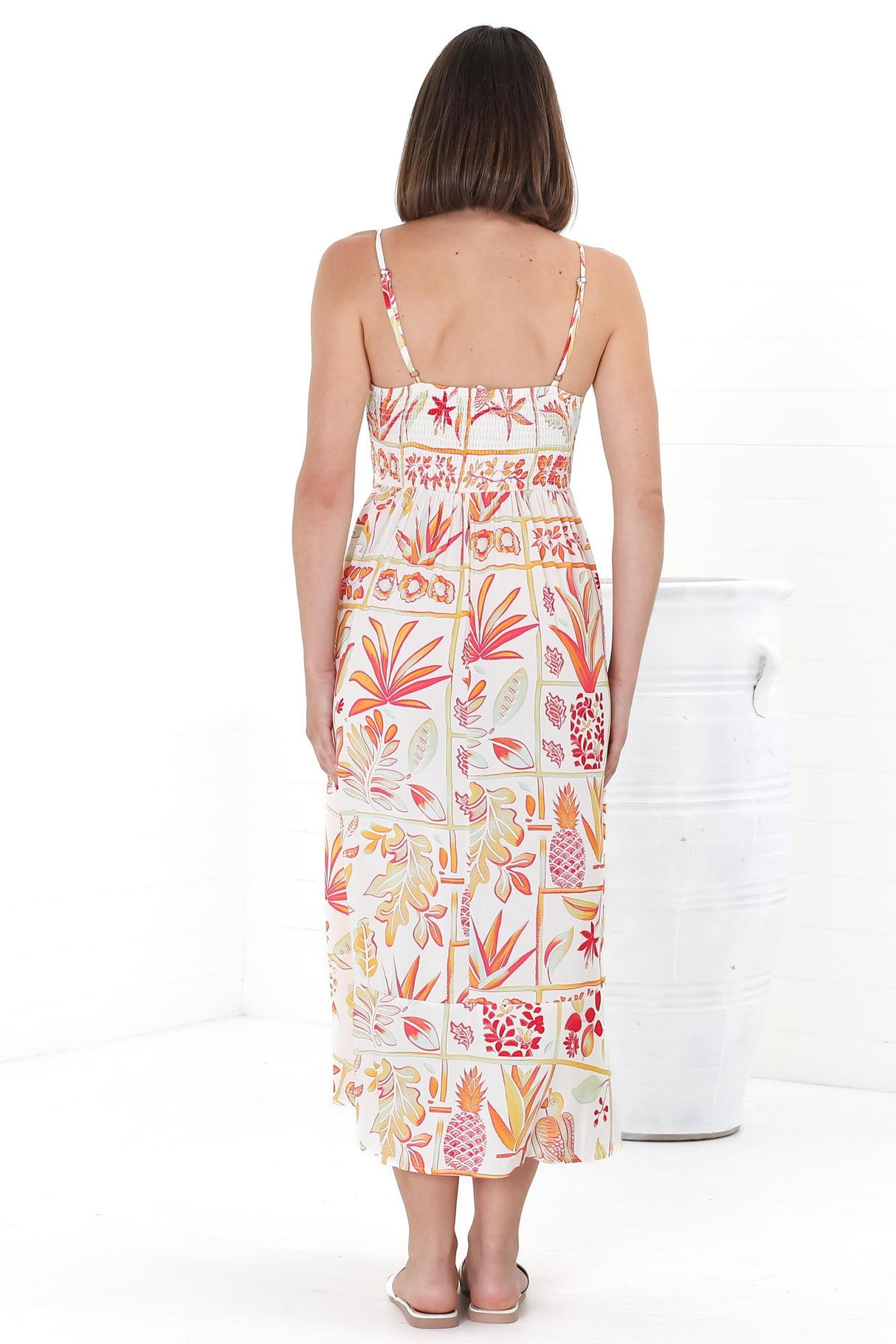 Amara Midi Dress - Asjustable Strap Sun Dress with Pockets in Sonni Print Melon