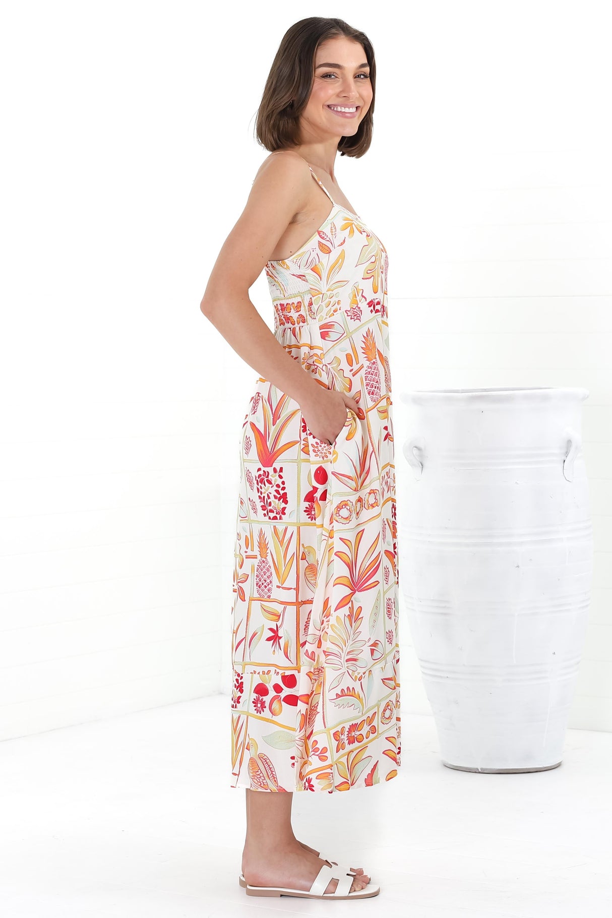 Amara Midi Dress - Asjustable Strap Sun Dress with Pockets in Sonni Print Melon