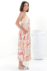 Amara Midi Dress - Adjustable Strap Sun Dress with Pockets in Sonni Print Melon