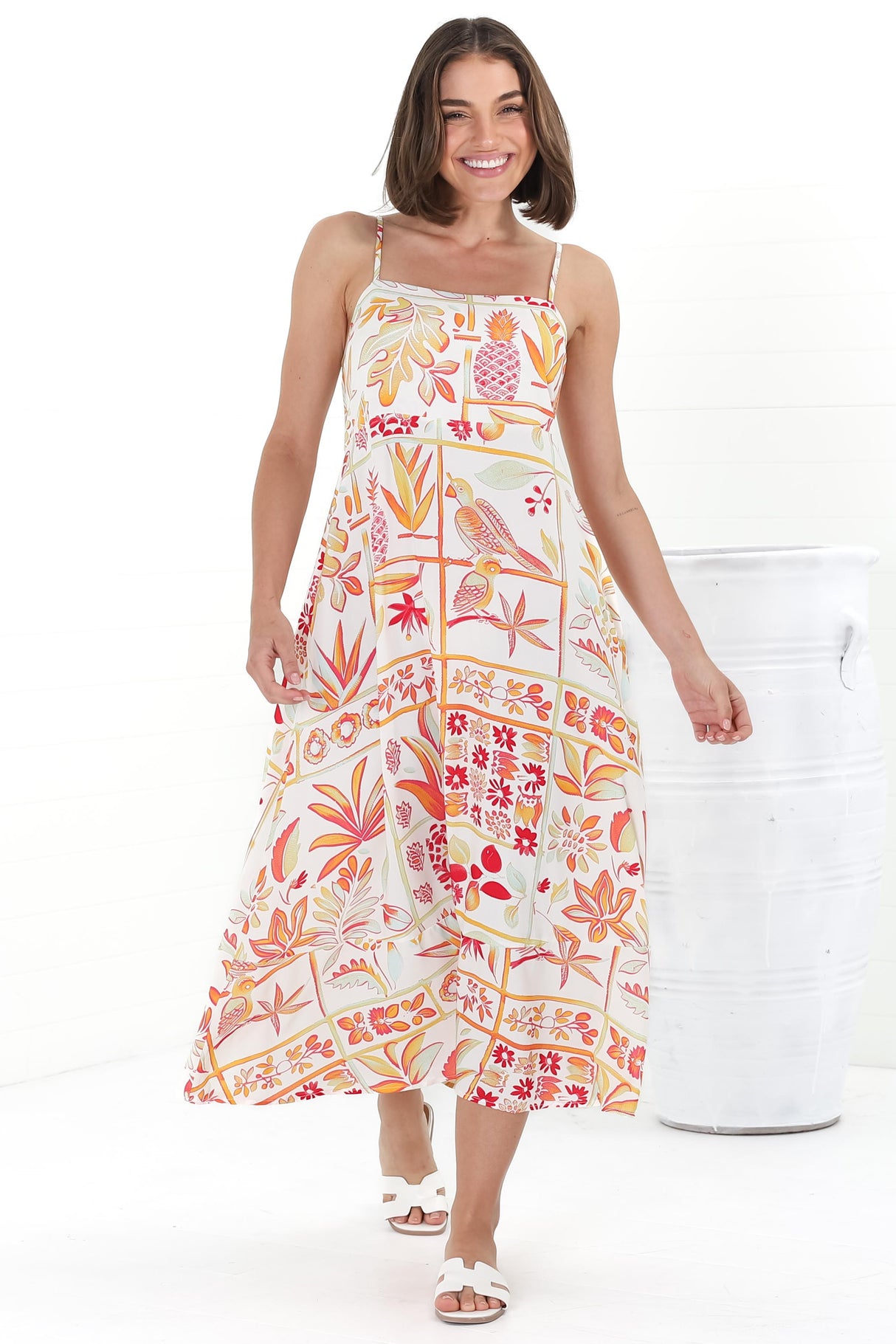 Amara Midi Dress - Adjustable Strap Sun Dress with Pockets in Sonni Print Melon