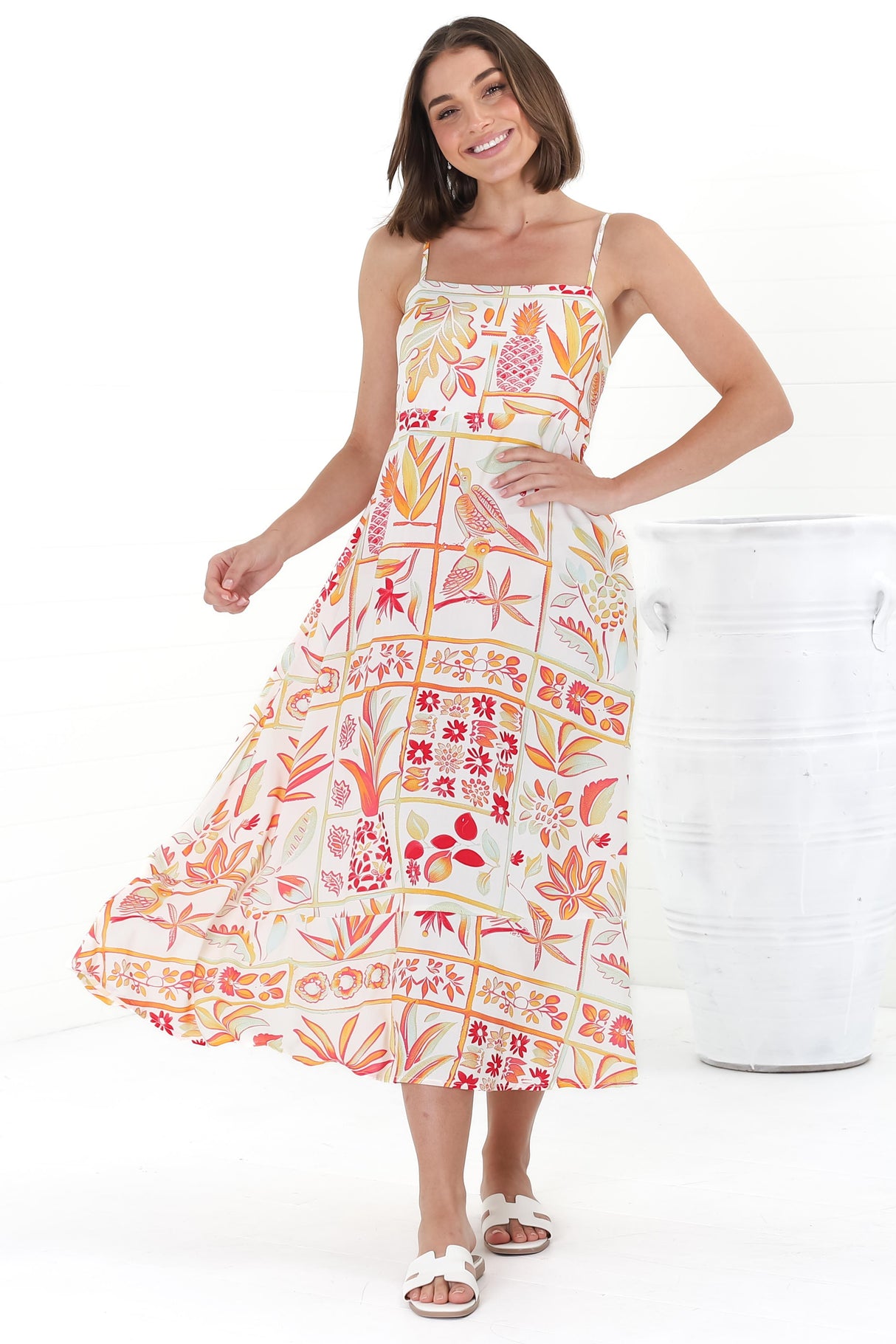 Amara Midi Dress - Asjustable Strap Sun Dress with Pockets in Sonni Print Melon