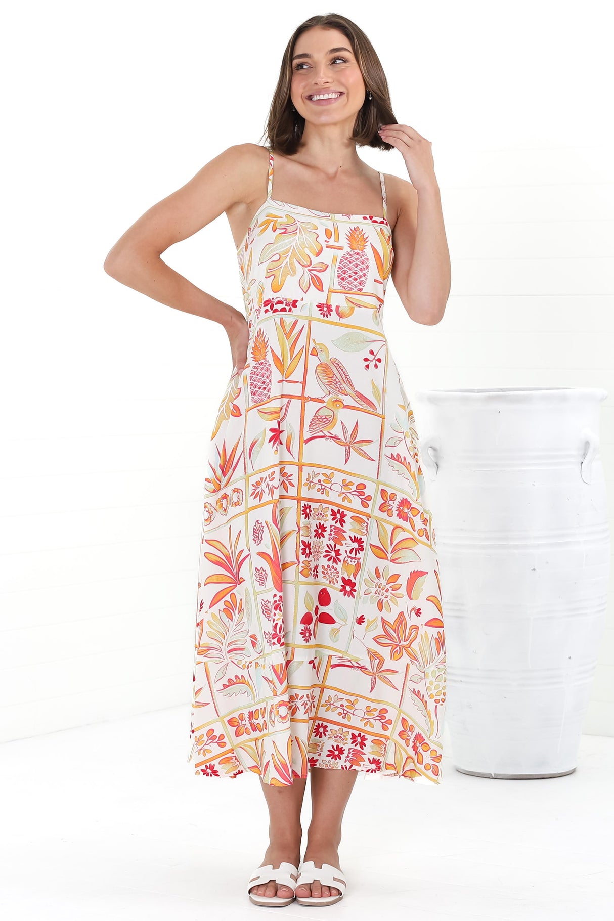 Amara Midi Dress - Adjustable Strap Sun Dress with Pockets in Sonni Print Melon