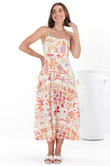 Amara Midi Dress - Asjustable Strap Sun Dress with Pockets in Sonni Print Melon