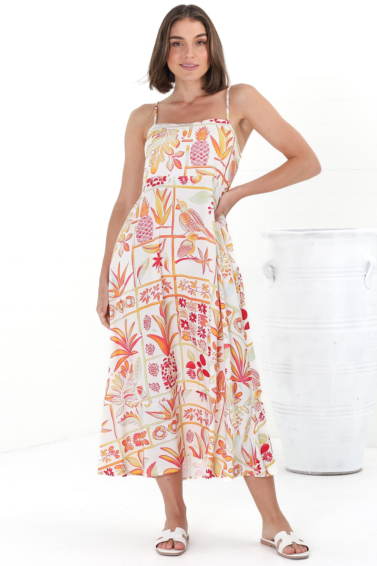 Amara Midi Dress - Adjustable Strap Sun Dress with Pockets in Sonni Print Melon