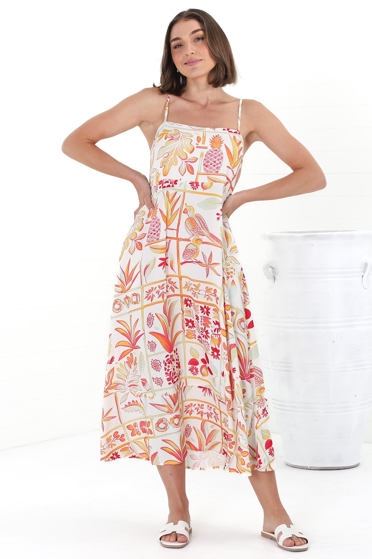 Amara Midi Dress - Adjustable Strap Sun Dress with Pockets in Sonni Print Melon