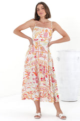 Amara Midi Dress - Adjustable Strap Sun Dress with Pockets in Sonni Print Melon