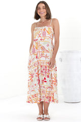 Amara Midi Dress - Adjustable Strap Sun Dress with Pockets in Sonni Print Melon