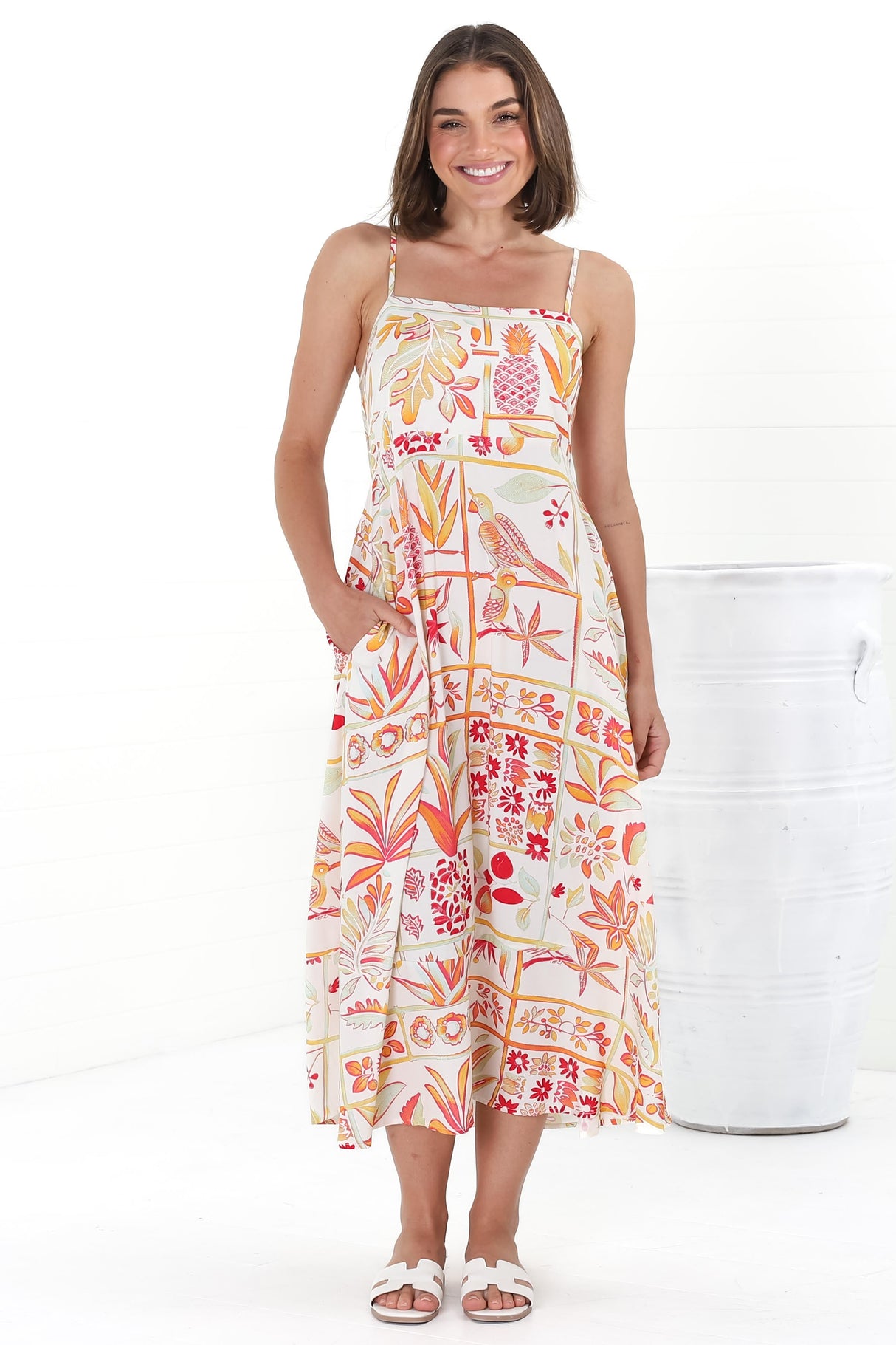 Amara Midi Dress - Adjustable Strap Sun Dress with Pockets in Sonni Print Melon