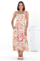 Amara Midi Dress - Adjustable Strap Sun Dress with Pockets in Sonni Print Melon