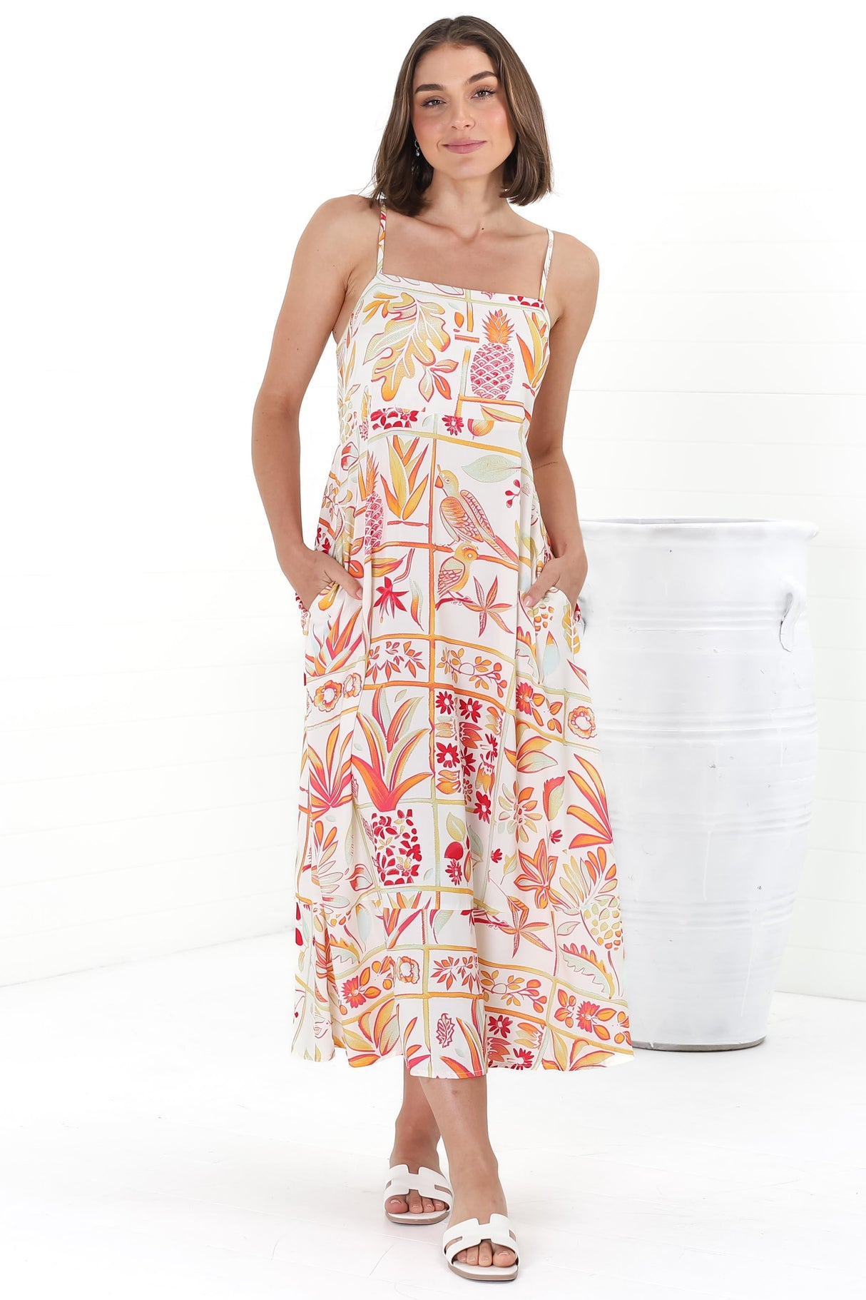 Amara Midi Dress - Adjustable Strap Sun Dress with Pockets in Sonni Print Melon