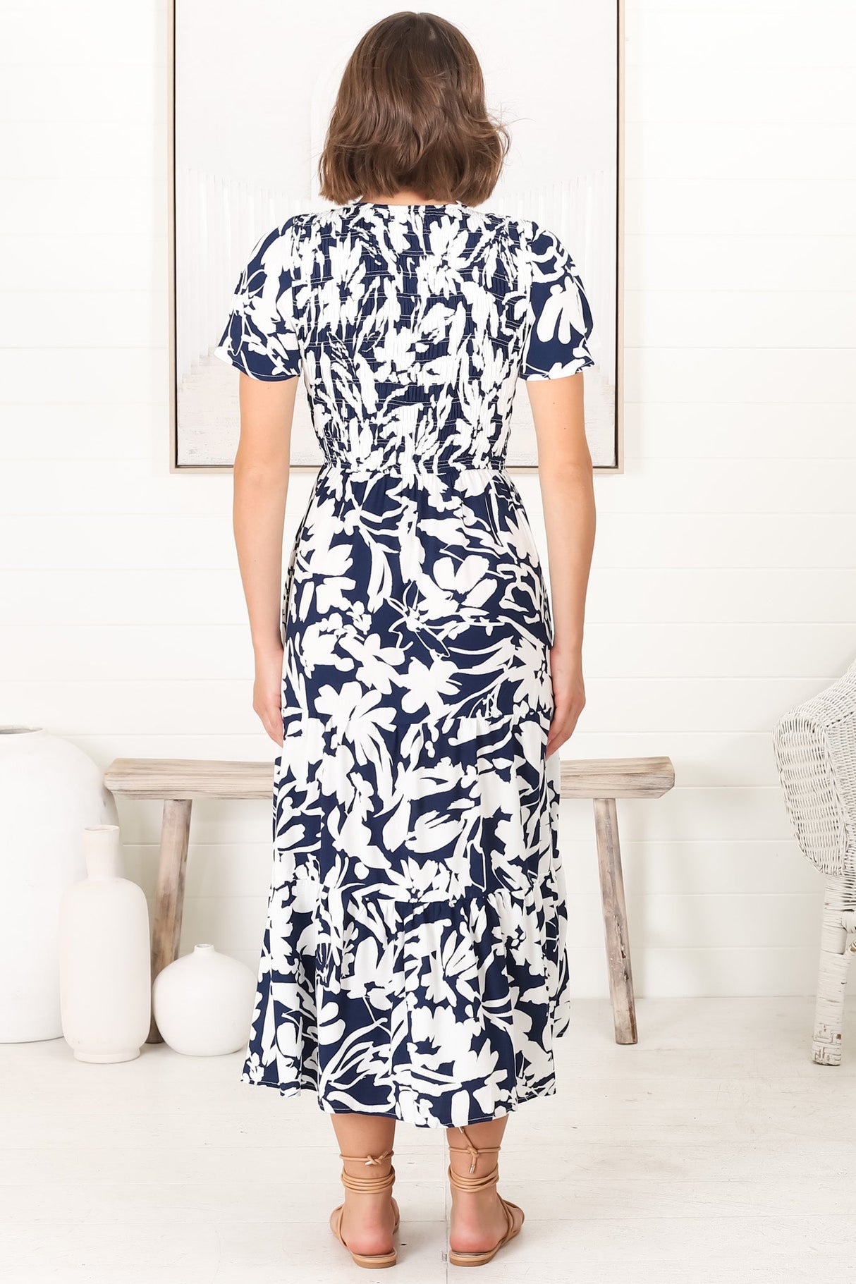 Amaya Midi Dress - Shirred Cap Sleeve A Line Dress in Charis Print Blue