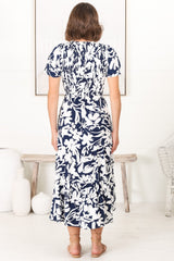 Amaya Midi Dress - Shirred Cap Sleeve A Line Dress in Charis Print Blue