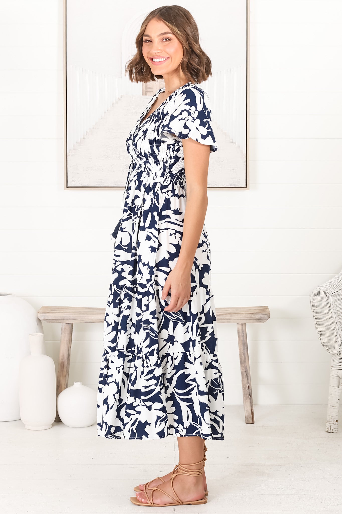 Amaya Midi Dress - Shirred Cap Sleeve A Line Dress in Charis Print Blue