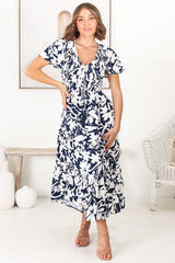 Amaya Midi Dress - Shirred Cap Sleeve A Line Dress in Charis Print Blue