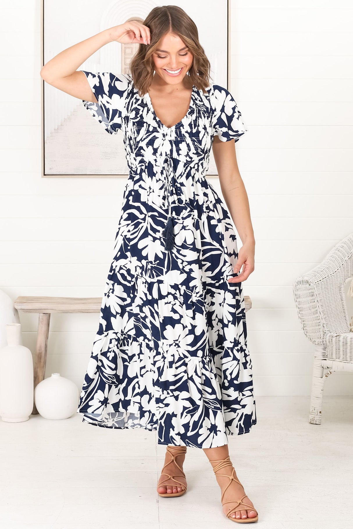 Amaya Midi Dress - Shirred Cap Sleeve A Line Dress in Charis Print Blue