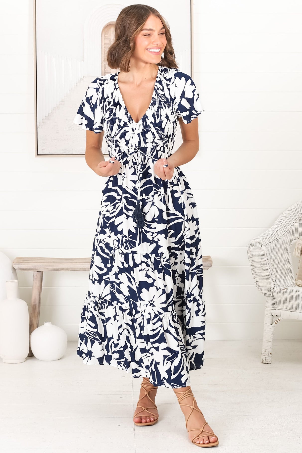 Amaya Midi Dress - Shirred Cap Sleeve A Line Dress in Charis Print Blue