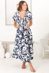 Amaya Midi Dress - Shirred Cap Sleeve A Line Dress in Charis Print Blue