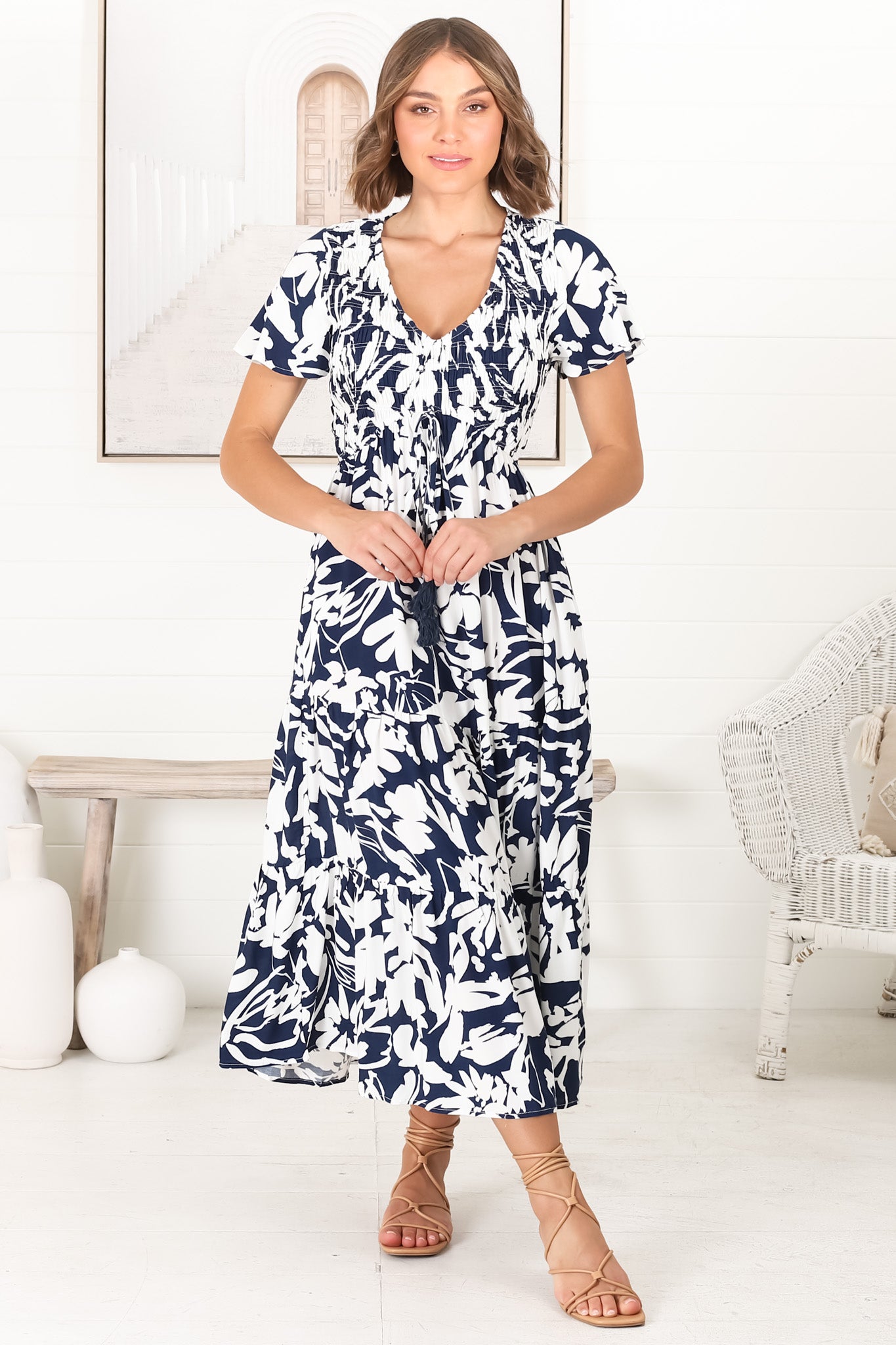 Amaya Midi Dress - Shirred Cap Sleeve A Line Dress in Charis Print Blue