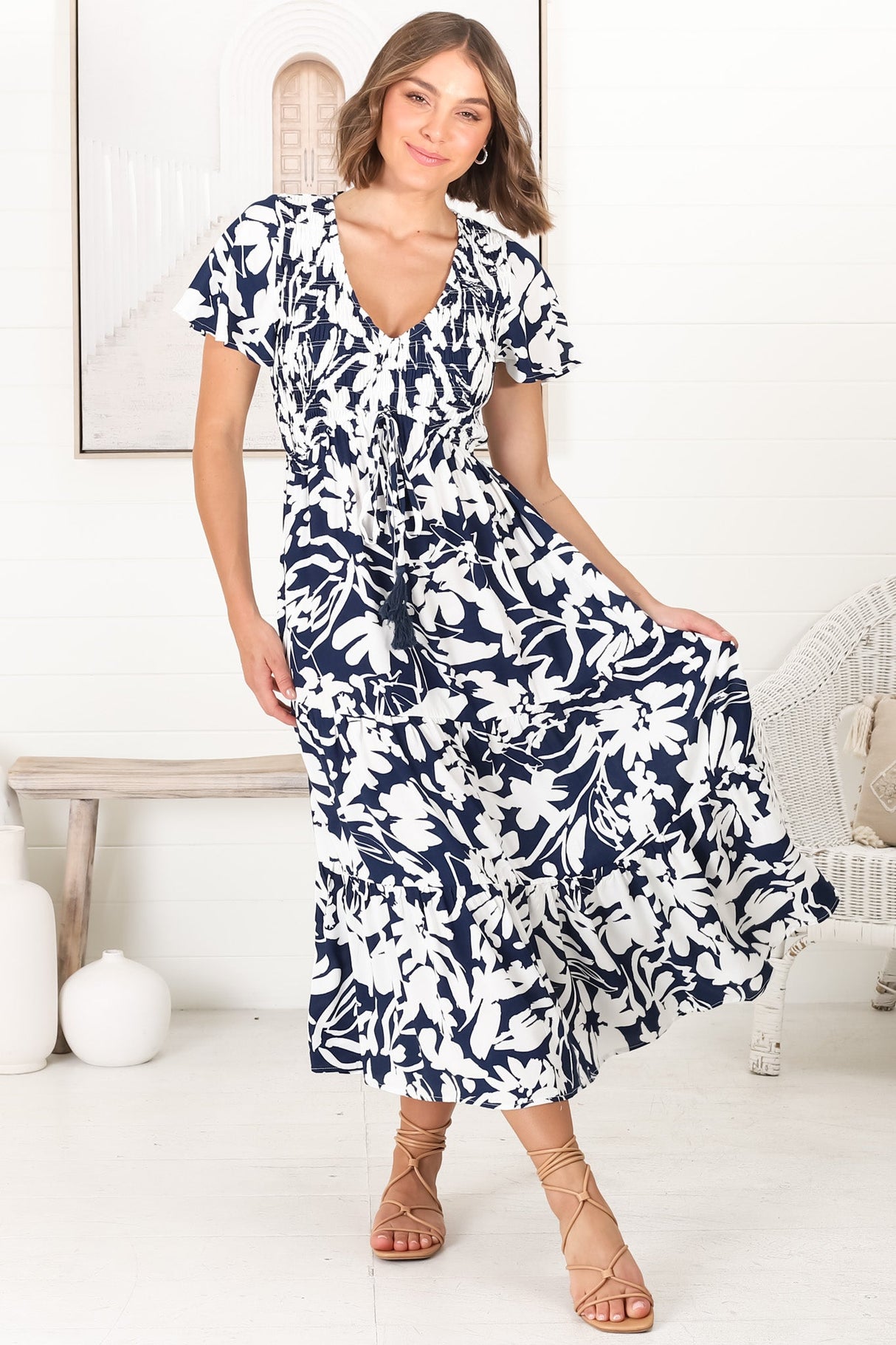 Amaya Midi Dress - Shirred Cap Sleeve A Line Dress in Charis Print Blue