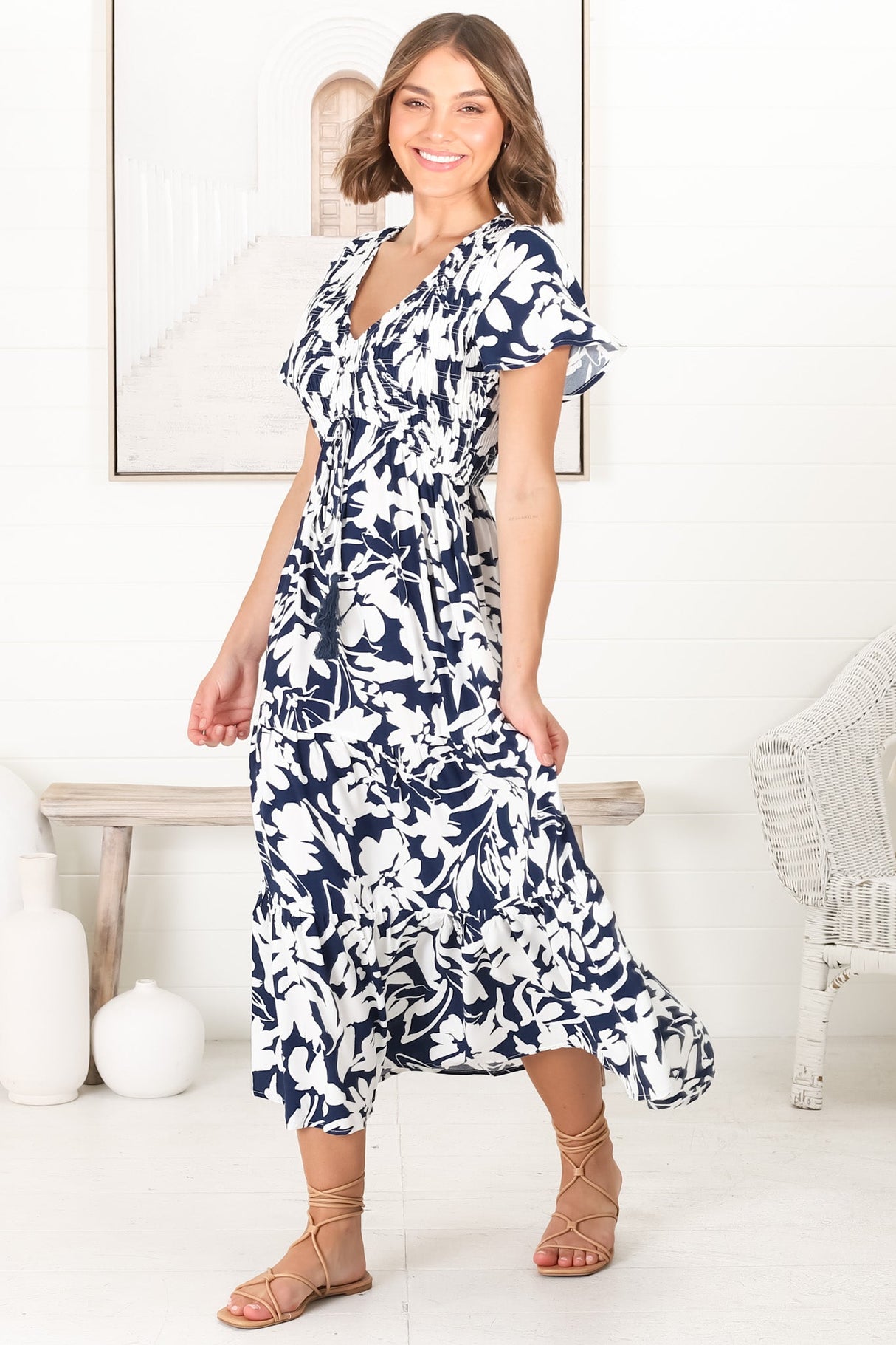 Amaya Midi Dress - Shirred Cap Sleeve A Line Dress in Charis Print Blue