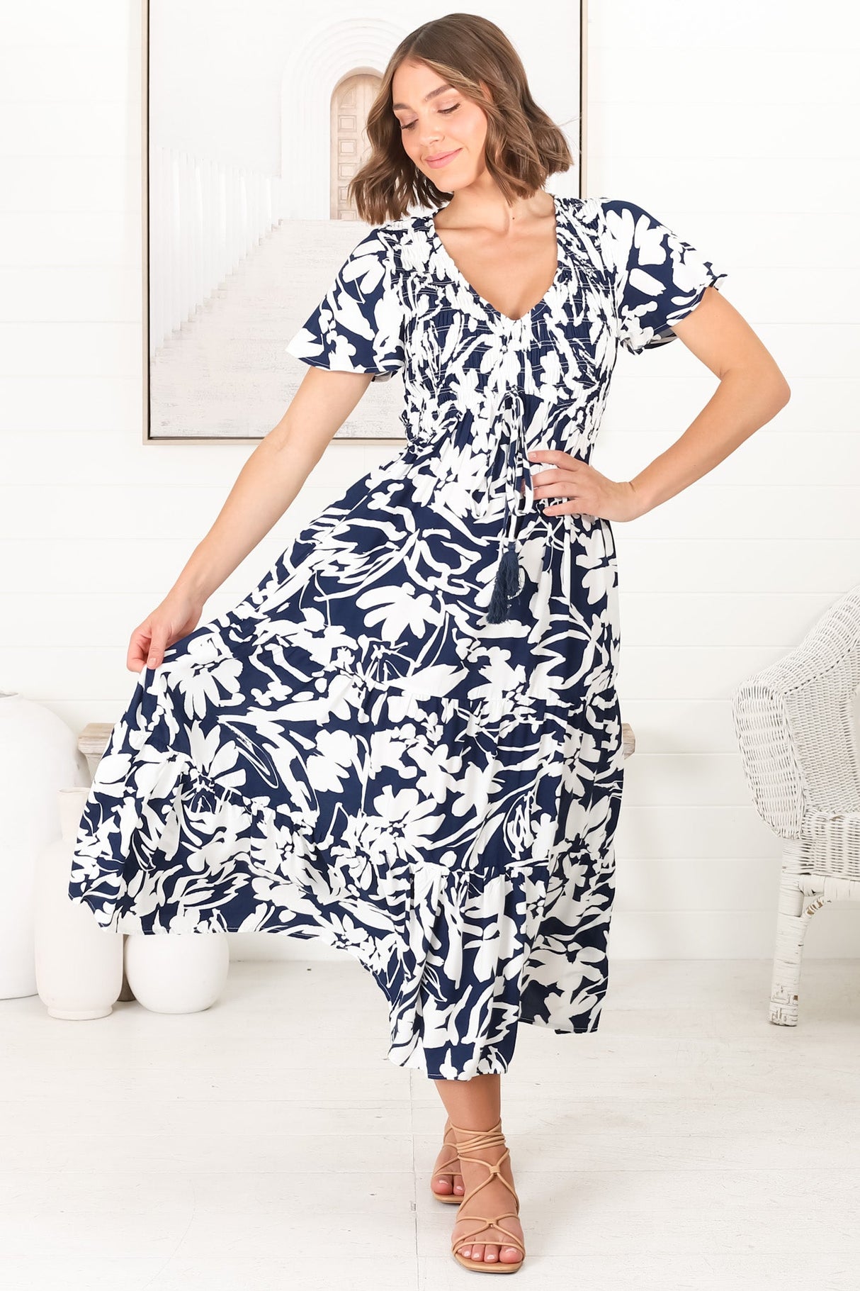 Amaya Midi Dress - Shirred Cap Sleeve A Line Dress in Charis Print Blue