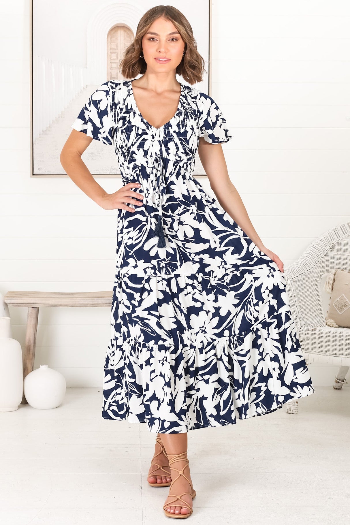 Amaya Midi Dress - Shirred Cap Sleeve A Line Dress in Charis Print Blue