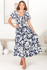 Amaya Midi Dress - Shirred Cap Sleeve A Line Dress in Charis Print Blue