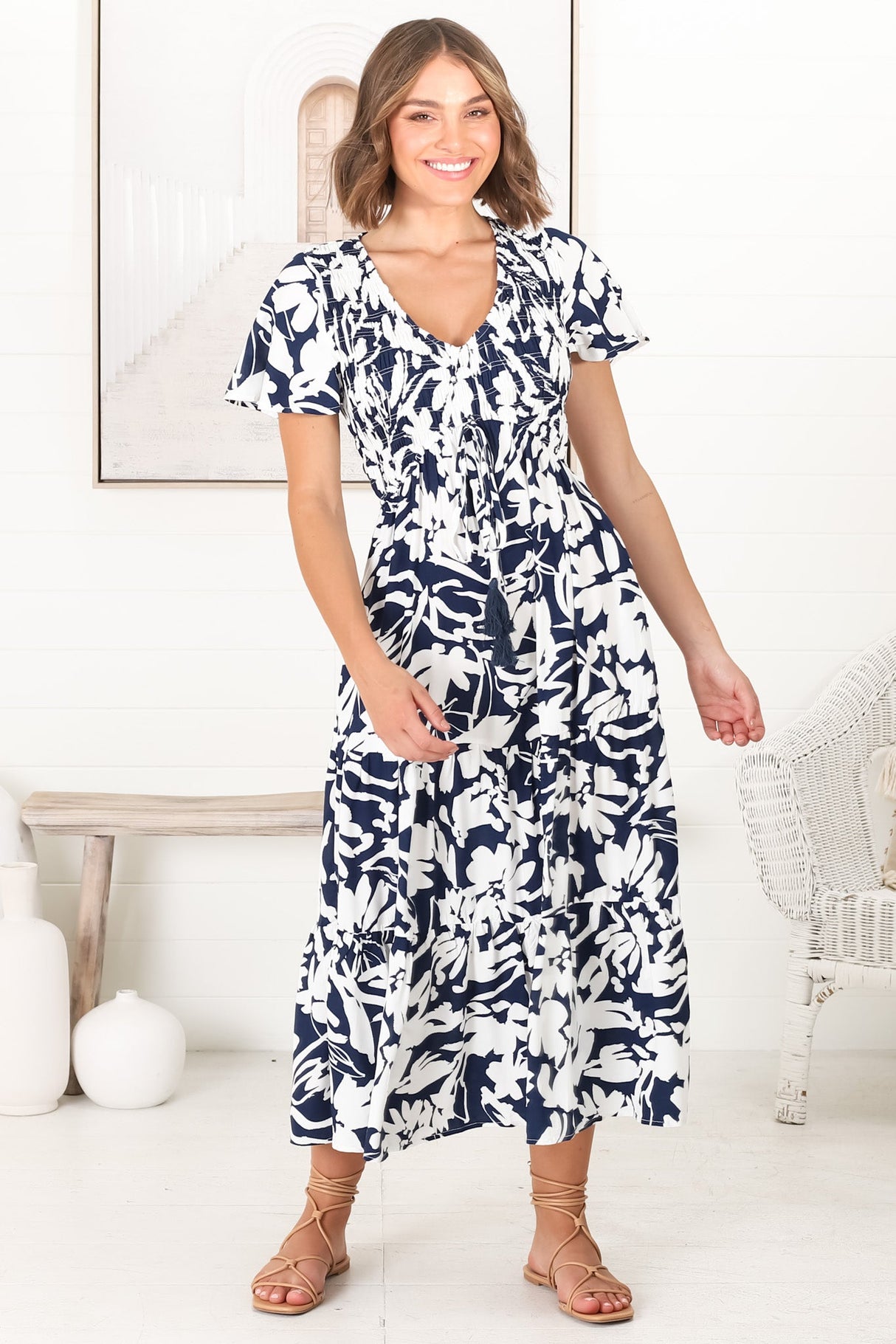 Amaya Midi Dress - Shirred Cap Sleeve A Line Dress in Charis Print Blue