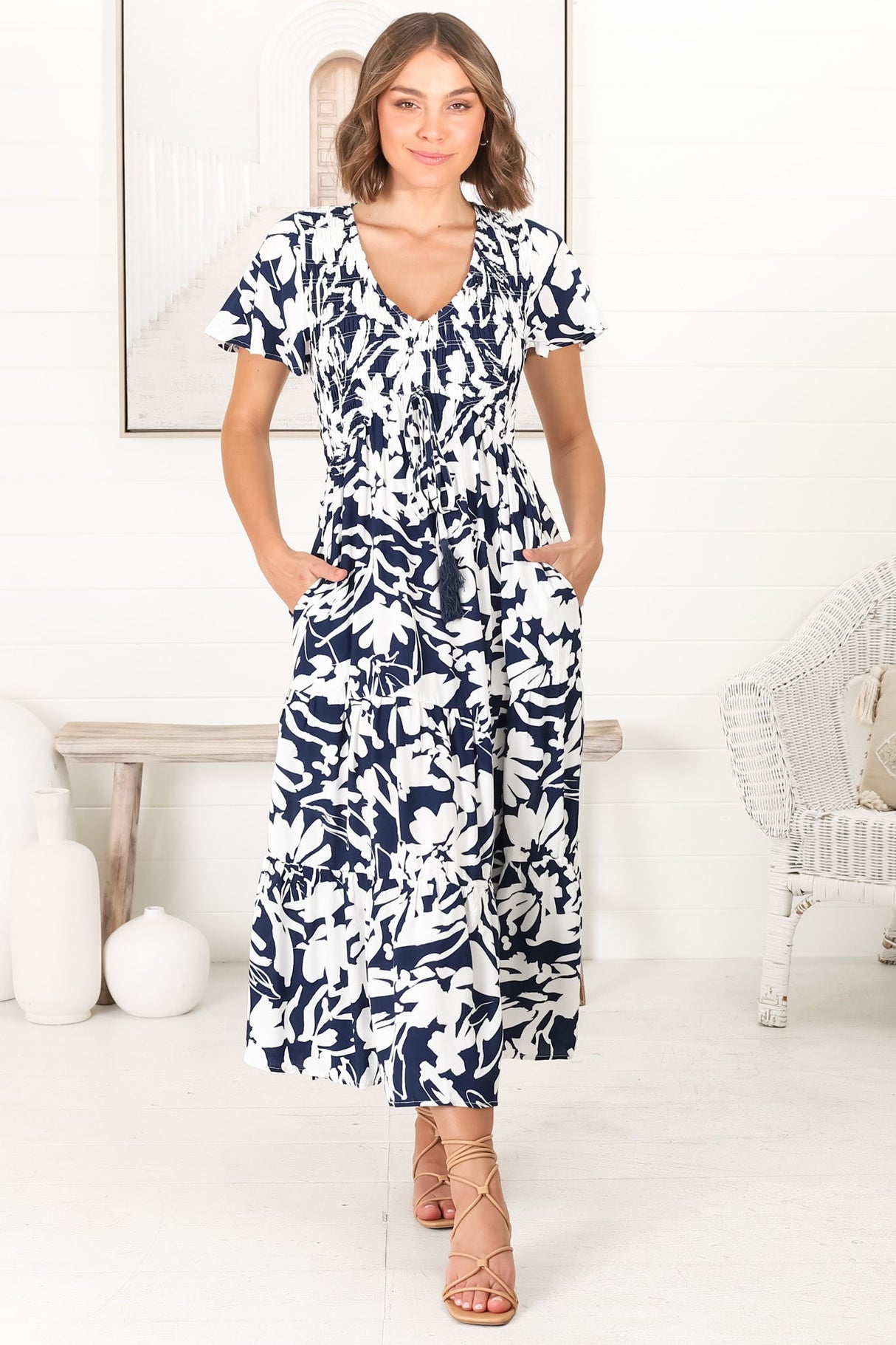 Amaya Midi Dress - Shirred Cap Sleeve A Line Dress in Charis Print Blue