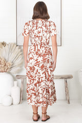 Amaya Midi Dress - Shirred Cap Sleeve A Line Dress in Charis Print Rust