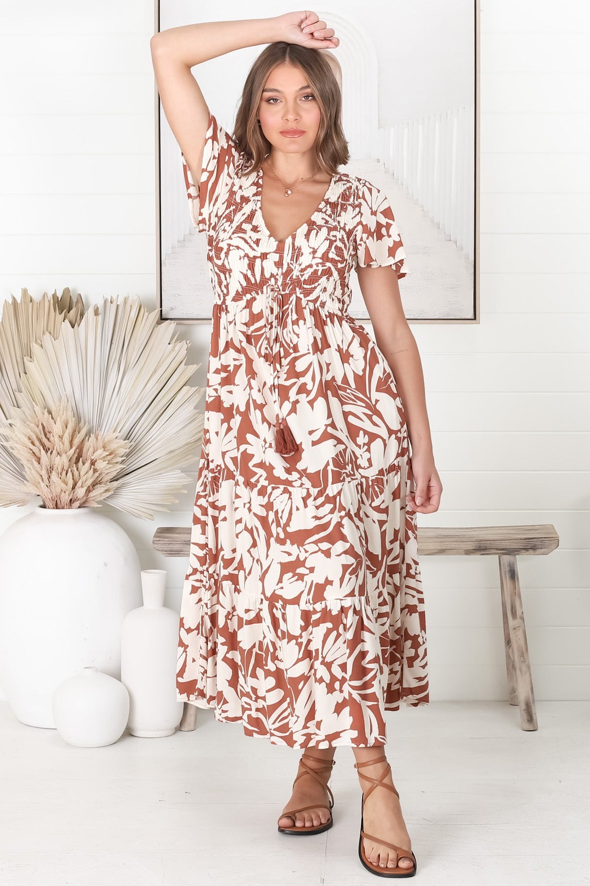 Amaya Midi Dress - Shirred Cap Sleeve A Line Dress in Charis Print Rust