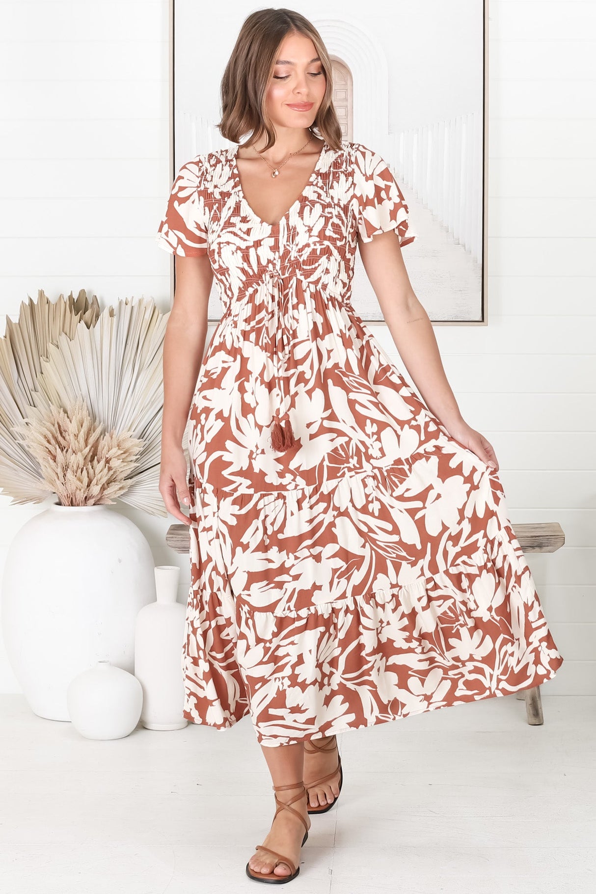 Amaya Midi Dress - Shirred Cap Sleeve A Line Dress in Charis Print Rust