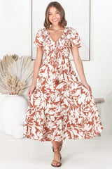 Amaya Midi Dress - Shirred Cap Sleeve A Line Dress in Charis Print Rust