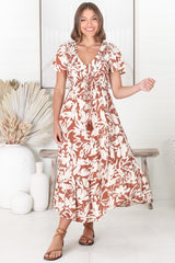 Amaya Midi Dress - Shirred Cap Sleeve A Line Dress in Charis Print Rust