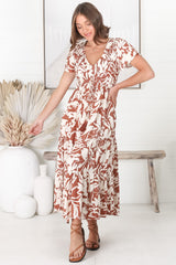 Amaya Midi Dress - Shirred Cap Sleeve A Line Dress in Charis Print Rust