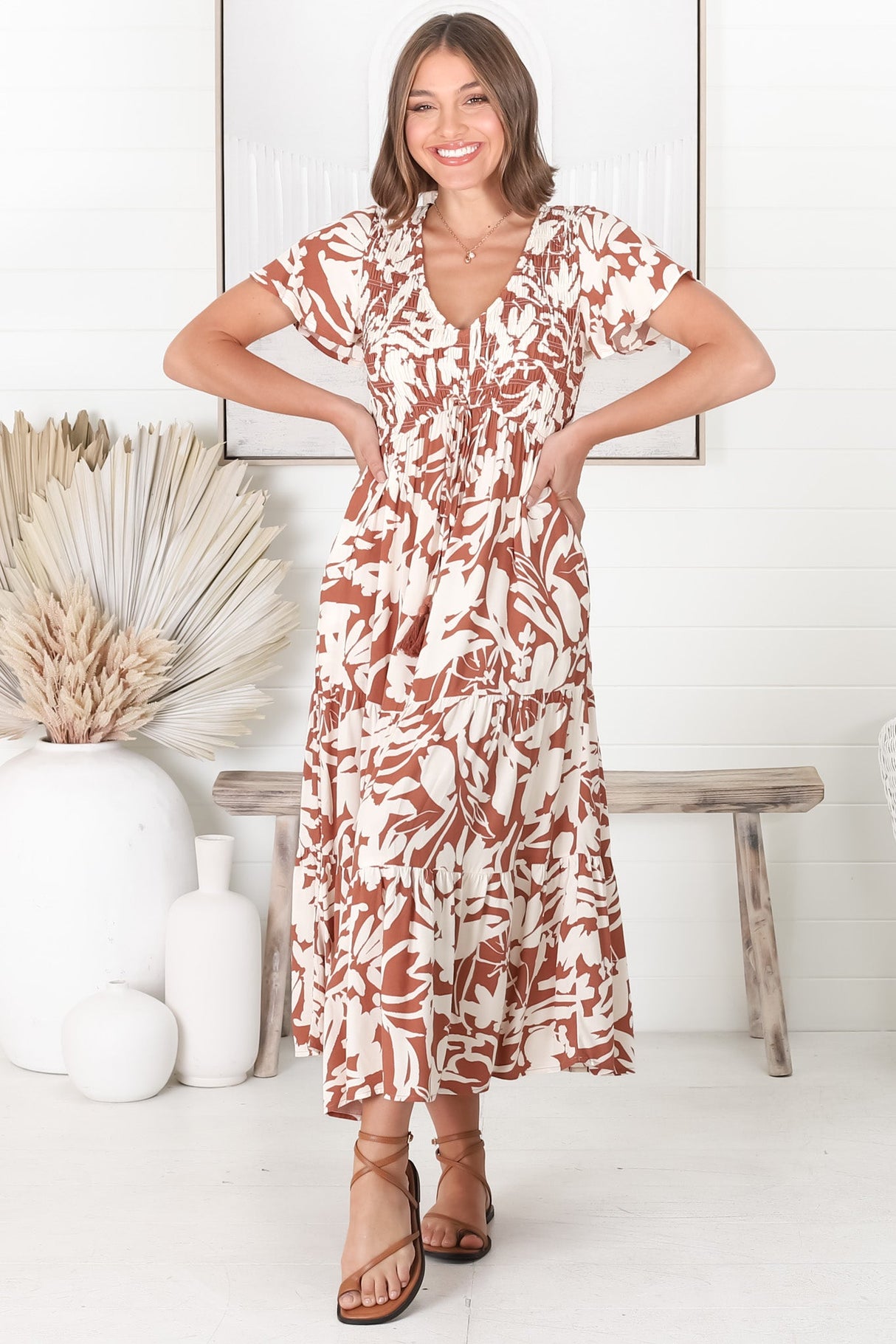 Amaya Midi Dress - Shirred Cap Sleeve A Line Dress in Charis Print Rust