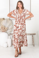 Amaya Midi Dress - Shirred Cap Sleeve A Line Dress in Charis Print Rust