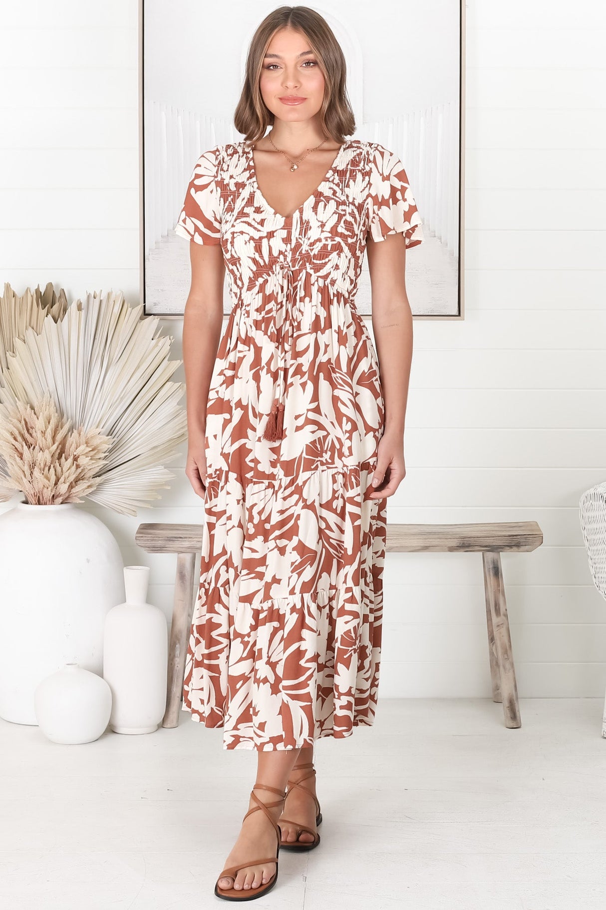 Amaya Midi Dress - Shirred Cap Sleeve A Line Dress in Charis Print Rust