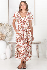 Amaya Midi Dress - Shirred Cap Sleeve A Line Dress in Charis Print Rust