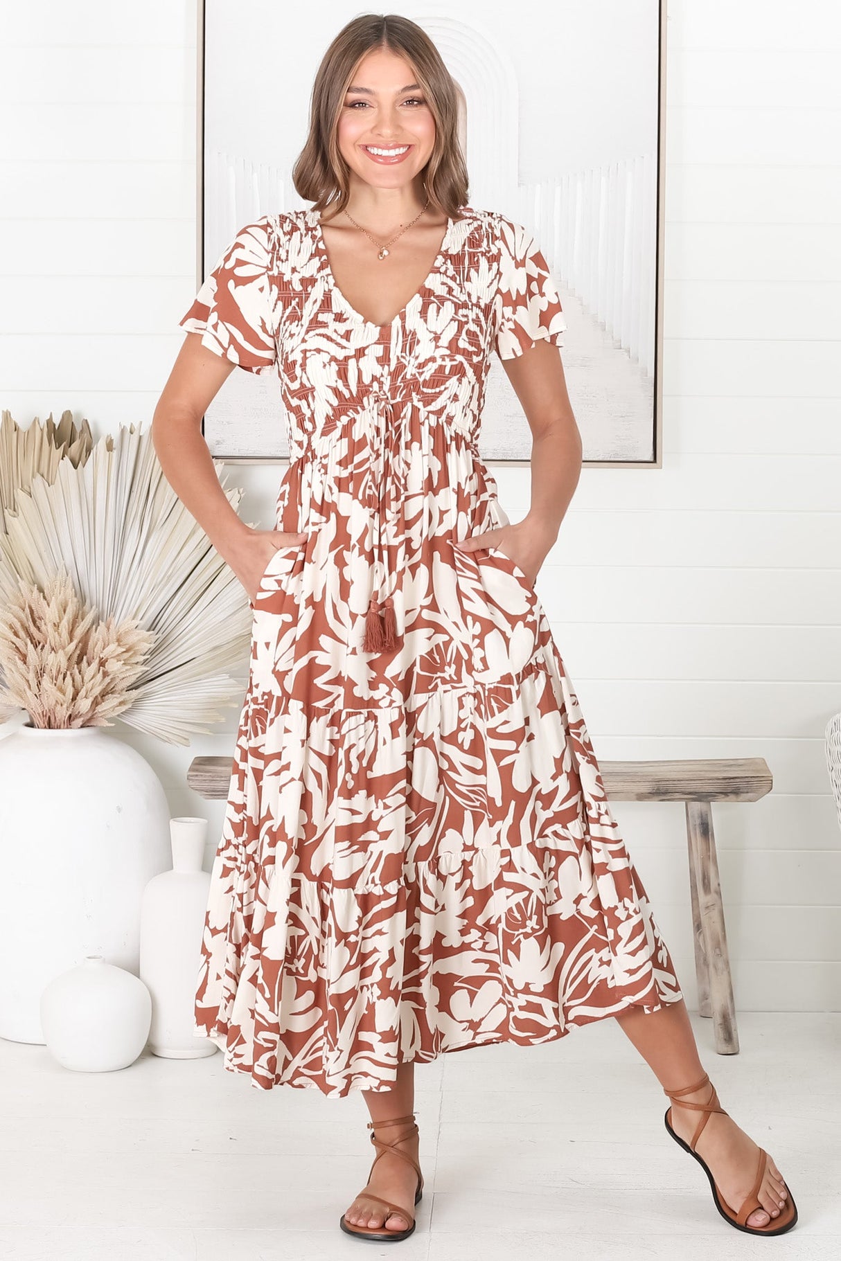 Amaya Midi Dress - Shirred Cap Sleeve A Line Dress in Charis Print Rust