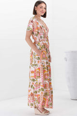 Amaya Maxi Dress - Shirred Cap Sleeve A Line Dress in Baroa Print