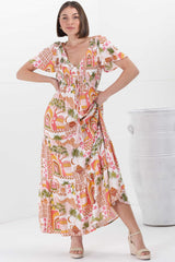 Amaya Maxi Dress - Shirred Cap Sleeve A Line Dress in Baroa Print