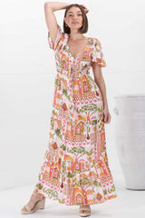 Amaya Maxi Dress - Shirred Cap Sleeve A Line Dress in Baroa Print