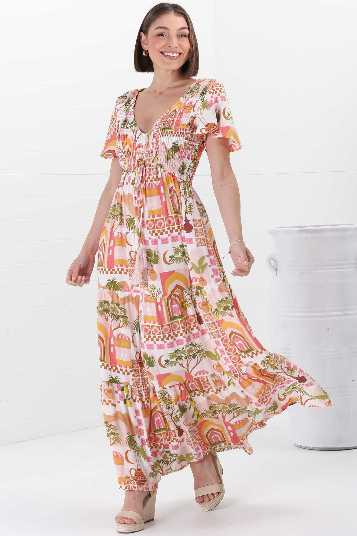 Amaya Maxi Dress - Shirred Cap Sleeve A Line Dress in Baroa Print