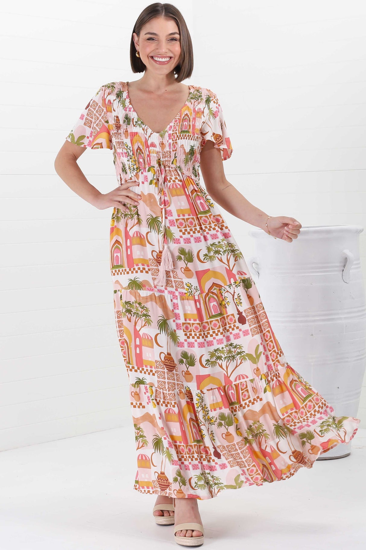 Amaya Maxi Dress - Shirred Cap Sleeve A Line Dress in Baroa Print