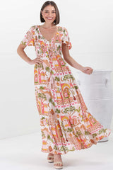 Amaya Maxi Dress - Shirred Cap Sleeve A Line Dress in Baroa Print