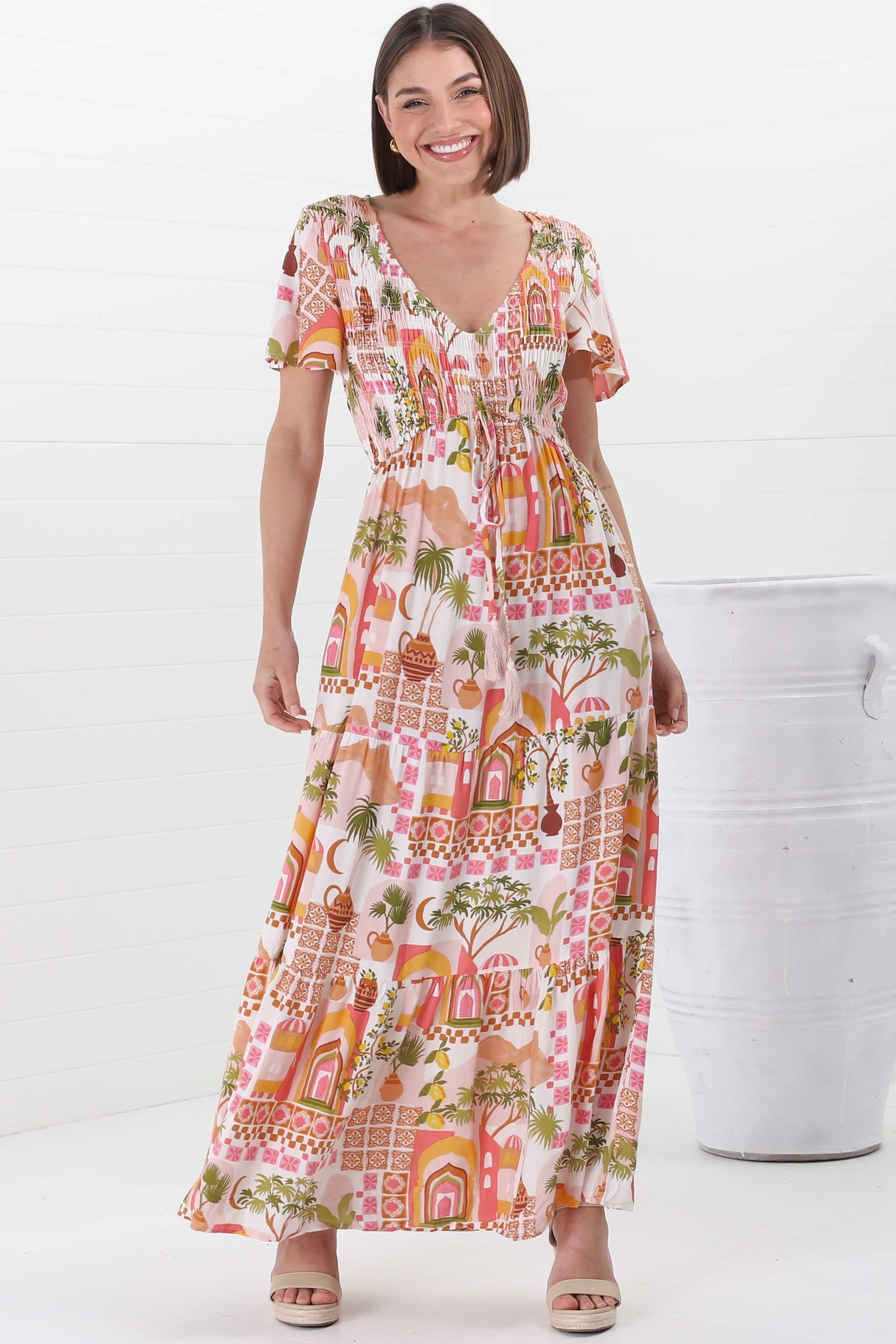 Amaya Maxi Dress - Shirred Cap Sleeve A Line Dress in Baroa Print