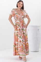 Amaya Maxi Dress - Shirred Cap Sleeve A Line Dress in Baroa Print